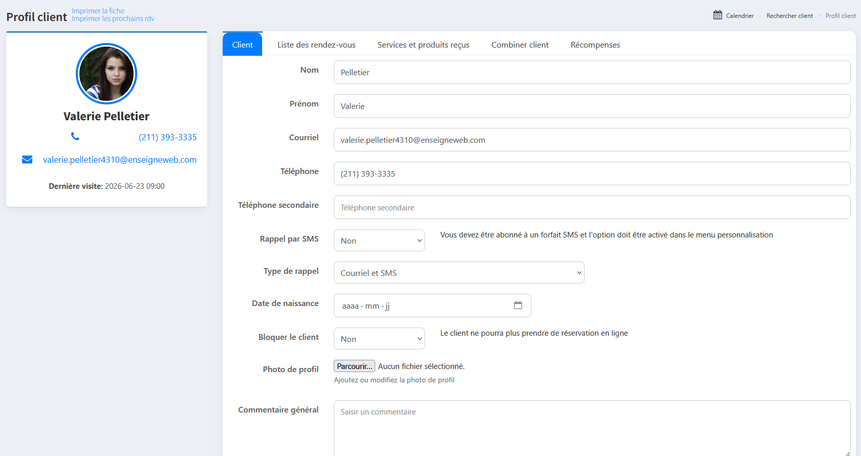 Fiche client EnseigneWeb